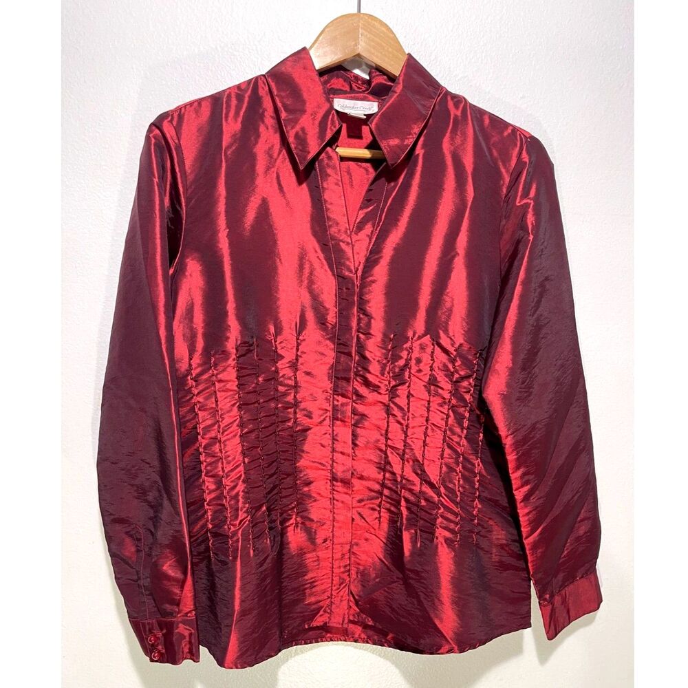 Coldwater creek shirt red satin blouse pleated bead festive night casual women L